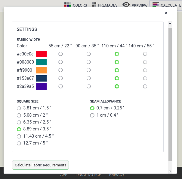 Form to calculate fabrics